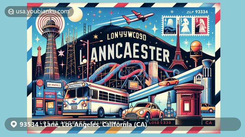 Modern illustration of Lancaster, Los Angeles, California, highlighting iconic landmarks like Hollywood Sign, Griffith Observatory, Santa Monica Pier, Korean Friendship Bell, and Urban Light installation with postal theme showcasing vintage stamps, postmark, and red postal boxes.