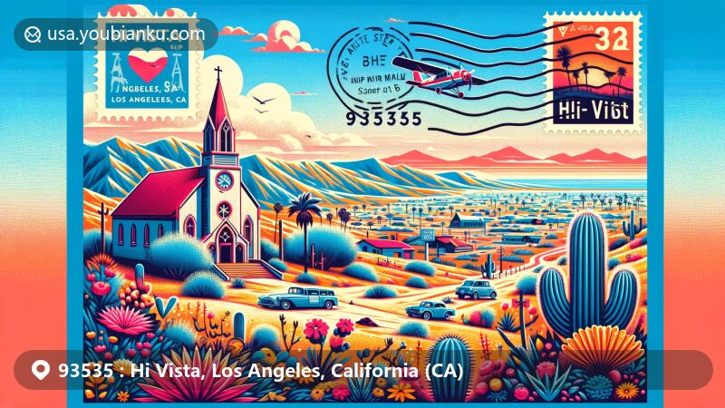 Modern illustration of Hi Vista, Los Angeles, California, featuring a postal theme with elements like an air mail envelope, postage stamps, and a postmark, highlighting highlights of Antelope Valley, Mojave Desert, Calvary Baptist Church ('Kill Bill' church), and Saddleback Butte State Park.