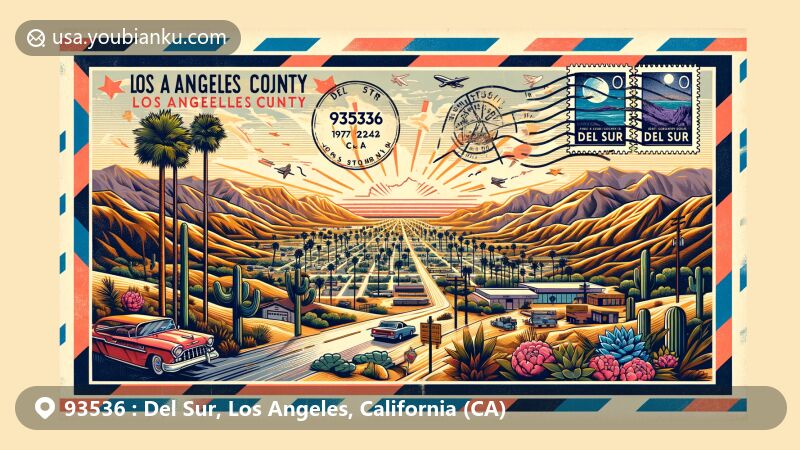 Contemporary illustration of Del Sur, Los Angeles County, California, showcasing Mojave Desert landscape and Los Angeles County symbols, including the LA County map outline and the Hollywood Sign.