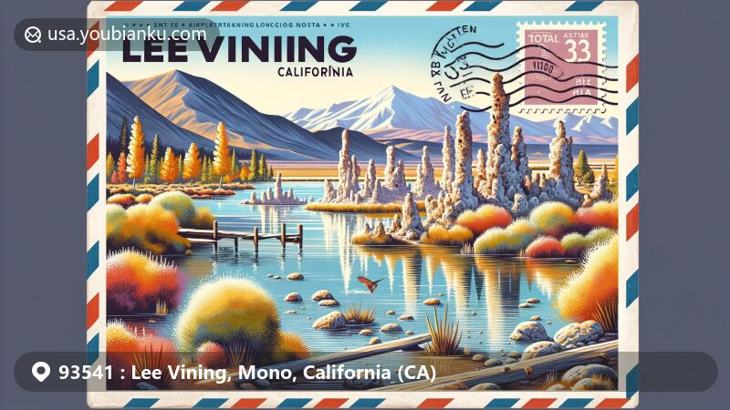 Modern illustration of Lee Vining, California, depicting ZIP code 93541, featuring Mono Lake with tufa towers, Lee Vining Creek, fall colors, rainbow trout, white-tailed jackrabbits, and vintage airmail envelope.