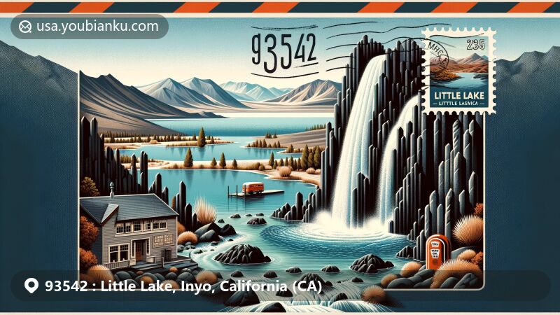 Modern illustration of Little Lake, Inyo County, California, with postal theme for ZIP code 93542, showcasing Fossil Falls and black basalt formations against the backdrop of Sierra Nevada, Coso Range, and Mojave Desert.