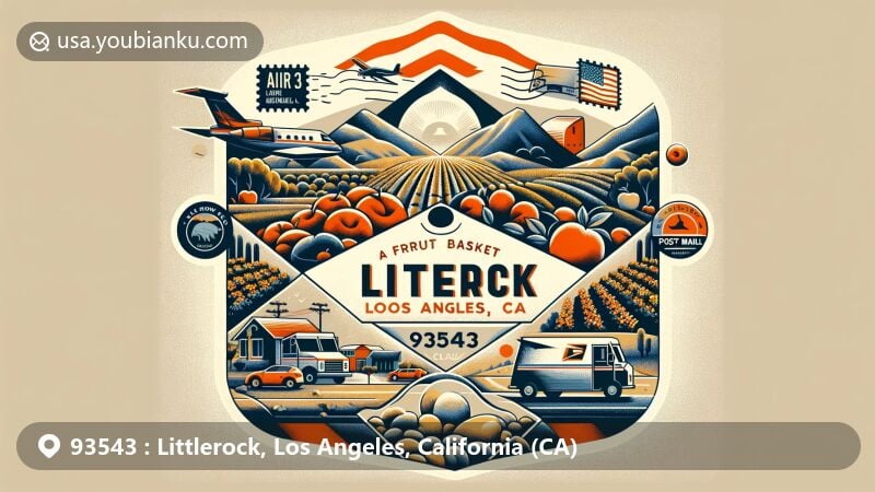 Modern illustration of Littlerock, Los Angeles County, California, showcasing postal theme with ZIP code 93543, featuring fruit orchards and desert landscape.