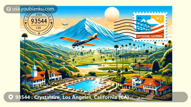 Modern illustration of Crystalaire, Los Angeles, California, showcasing Crystalaire Country Club, San Gabriel Mountains, golf, tennis, swimming pool, airmail envelope with ZIP code 93544, glider from Southern California Soaring Academy, and Devils Punchbowl Park stamp.