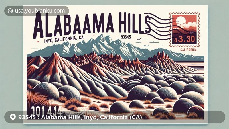 Modern illustration of Alabama Hills, Inyo County, California, featuring iconic rounded rocks, eroded hills, and Sierra Nevada mountains, presented as a postcard with fictional stamp and postmark effect.