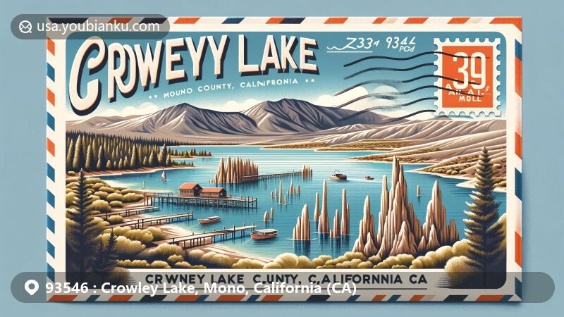 Modern illustration of Crowley Lake, Mono County, California, featuring stunning landscape and 20-foot sand columns, highlighting fishing attraction and unique geological formations.