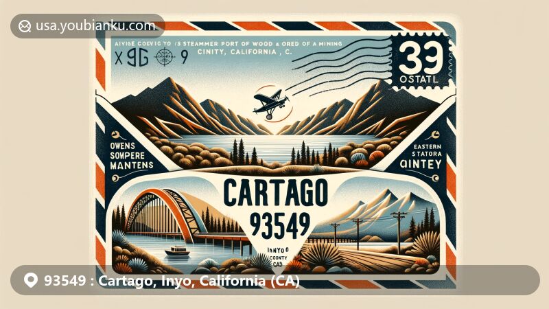 Modern illustration of Cartago, Inyo County, California, depicting a vintage style airmail envelope representing postal communication. Features include Owens Lake with its historical significance as a mineral transport steamboat port; the distinctive silhouette of the Eastern Sierra mountains as background; and an image of Mt. Whitney framed by Mobius Arch, showcasing the region's natural beauty and outdoor adventure opportunities. Vintage postmark style and prominent display of ZIP code 93549.