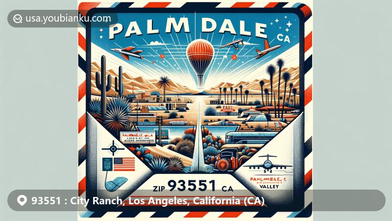 Modern illustration showcasing Palmdale, California, with iconic desert landscapes, Joshua trees, and aerospace symbols in a vintage air mail envelope design for ZIP code 93551.