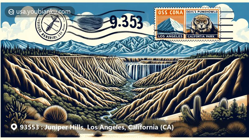Modern illustration of the Juniper Hills area in Los Angeles County, California, featuring San Gabriel Mountains and Devil's Punchbowl County Park. Includes a vintage airmail envelope with ZIP code 93553 and California state flag stamp.