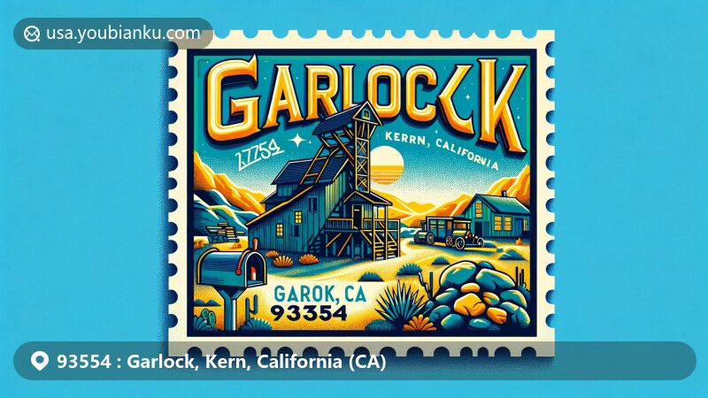 Modern illustration of Garlock, Kern County, California, featuring historic stamp mill ruins from the gold rush era, reflecting its history as a ghost town and mining community, with elements like gold nuggets and the desert landscape of El Paso Mountains.