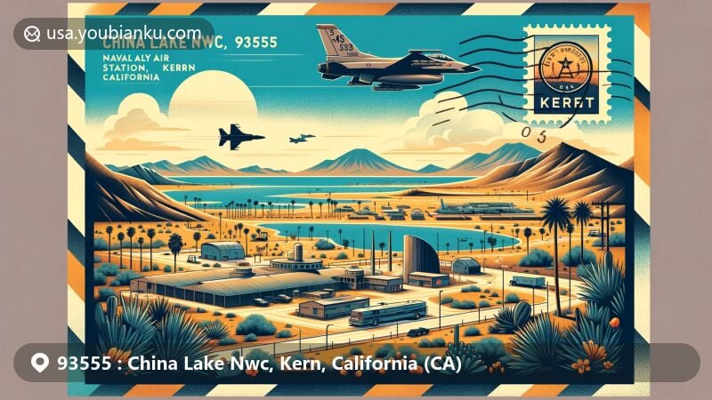 Creative illustration of China Lake Nwc, Kern, California, featuring Naval Air Weapons Station China Lake, Mojave Desert landscape, and postal theme with ZIP code 93555.
