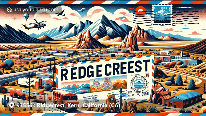 Modern illustration of Ridgecrest, California, in wide format, showcasing unique position amidst Sierra Nevada, Cosos, Argus Range, and El Paso Mountains. Depicts Naval Air Weapons Station China Lake, Little Petroglyph Canyon rock paintings, and outdoor activities in Rademacher Hills.