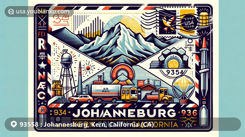 Modern illustration of Johannesburg area, Kern County, California, with postal theme showcasing Rand Mountains, air mail envelope, postal stamp, postmark 'Johannesburg, CA 93558', and mining heritage symbols of the area.