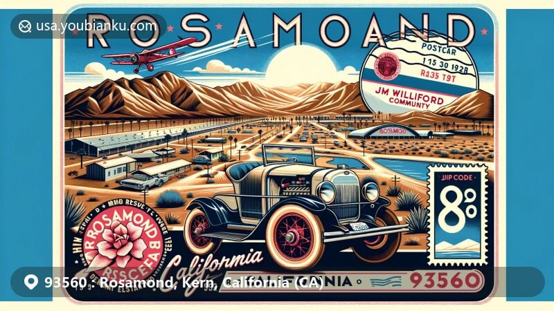 Modern illustration of Rosamond, California, with ZIP code 93560, showcasing high desert landscape of Mojave Desert, including Antelope Valley and Willow Springs Raceway, with vintage Ford V-8 model 18 symbolizing automotive history. Features Jim Williford Community Park, Rosamond Skypark, California state flag, airmail envelope, stamp with ZIP code, and postmark.