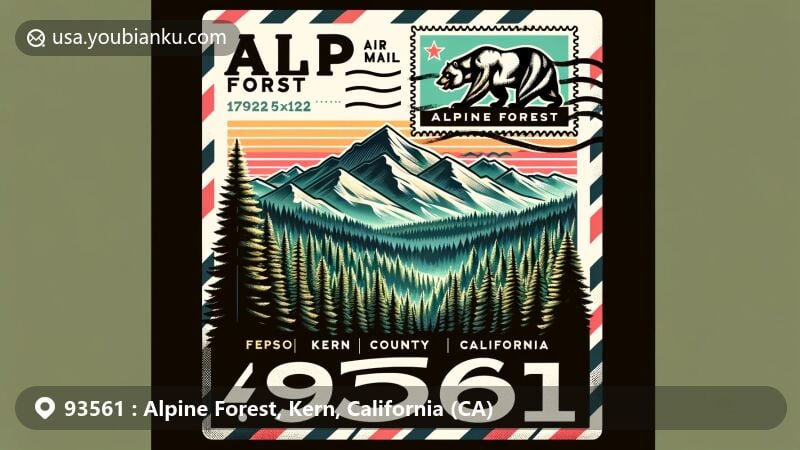 Modern illustration of Alpine Forest, Kern County, California, showcasing vintage air mail envelope design with California state flag, ZIP code 93561, and scenic Tehachapi mountain range.