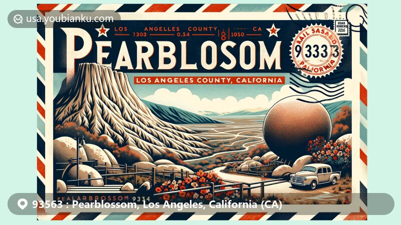 Modern illustration of Pearblossom, Los Angeles County, California, showcasing postal theme with ZIP code 93563, featuring Devil's Punchbowl Natural Area and Angeles National Forest.
