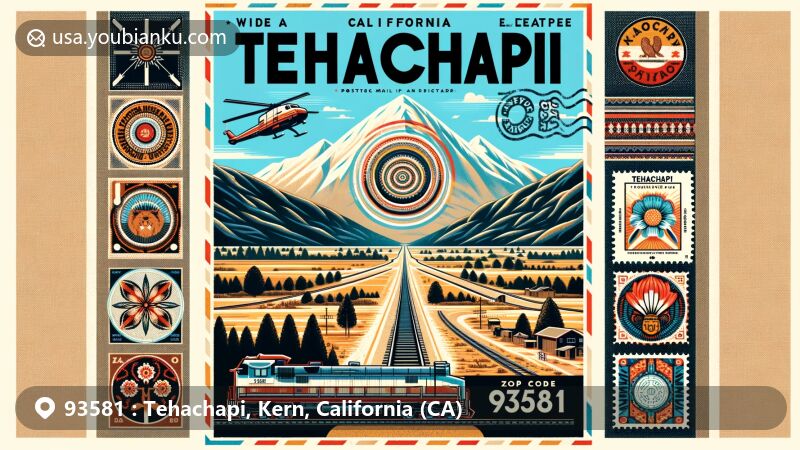 Modern illustration of Tehachapi, California, focusing on ZIP code 93581, combining Tehachapi Mountains' beauty, Tehachapi Loop's historical significance, and Kawaiisu tribe culture.