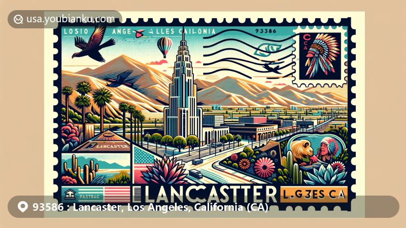 Modern illustration of Lancaster, Los Angeles County, California, showcasing postal theme with ZIP code 93586, featuring Antelope Valley and Mojave Desert.