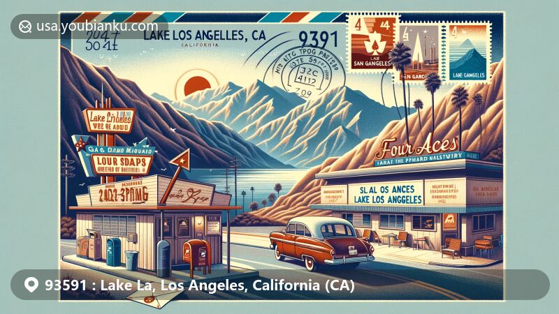 Engaging illustration of Lake Los Angeles, California, blending postal elements with local landmarks and cultural features, set against the stunning backdrop of the San Gabriel Mountains. Features the iconic Four Aces film set, a vintage-style postcard or airmail envelope, stamps of the mountains, and a postmark with ZIP code 93591.