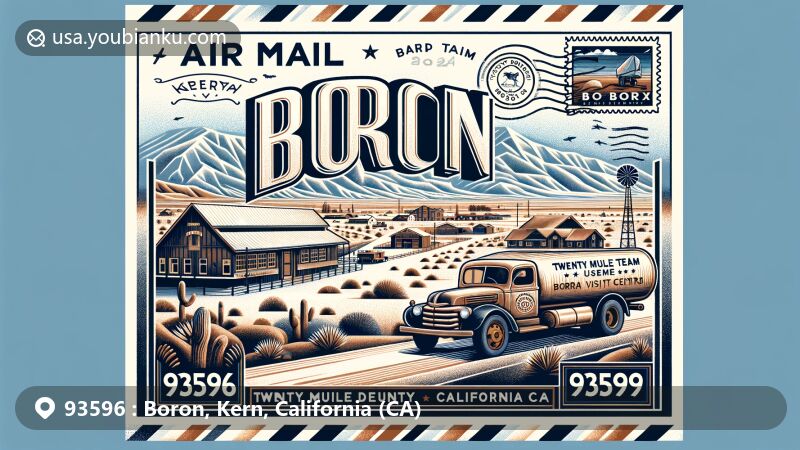 Modern illustration of Boron, Kern County, California, featuring postal theme with Borax Visitor Center, old ore truck, Mojave Desert landscape, and ZIP code 93596.