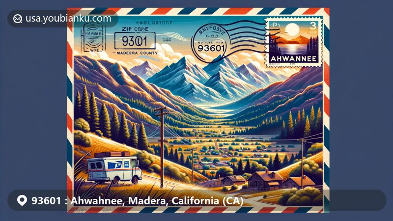 Modern illustration of the Ahwahnee area, Madera County, California, capturing postal theme with ZIP code 93601, featuring Sierra Nevada Mountains and vintage postal elements.