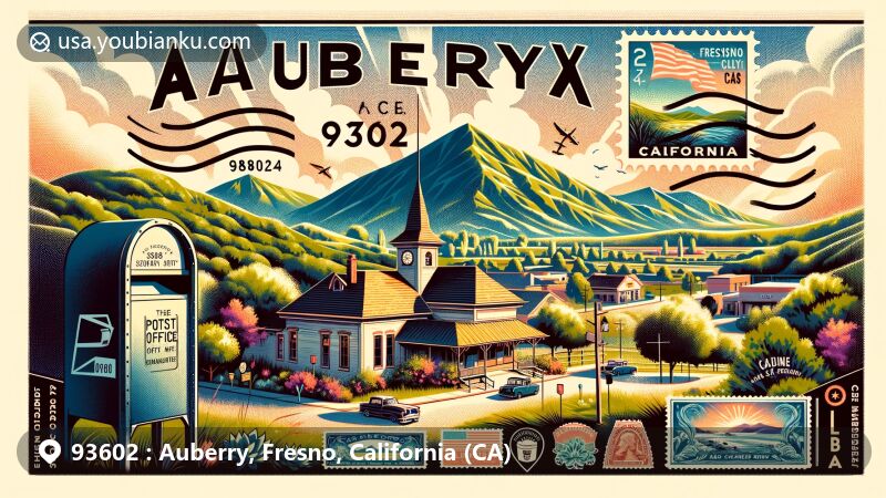 Modern illustration of Auberry, Fresno County, California, depicting the scenic views with rolling hills and lush outdoor environments. The artwork includes a stylized Auberry post office, vintage postal elements, and symbols of California.
