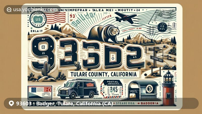 Modern illustration of Badger, Tulare County, California, showcasing postal theme with ZIP code 93603, emphasizing elevation of 3,038 feet and unincorporated community status.