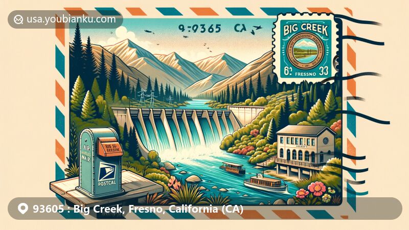 Modern illustration of Big Creek, Fresno County, California, featuring the Big Creek Hydroelectric System in the Sierra Nevada mountains, surrounded by lush greenery. Postal theme highlights the town's history with vintage air mail envelope and '93605 Big Creek, CA' postal mark.