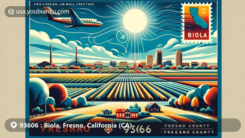 Modern illustration of Biola, Fresno County, California, showcasing community and agricultural landscape with expansive fields under the sun, reflecting warm temperatures and semi-arid steppe climate.