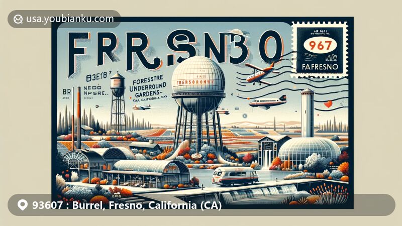 Creative illustration of Burrel, Fresno County, California, presenting ZIP code 93607, with icons of Forestiere Underground Gardens and Old Fresno Water Tower.