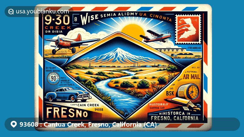 彩色插图，展示加利福尼亚州弗雷斯诺县Cantua Creek的图像，结合地理特征、邮政主题和历史元素，呈现干旱景观、山脉轮廓、邮局和加利福尼亚历史地标。