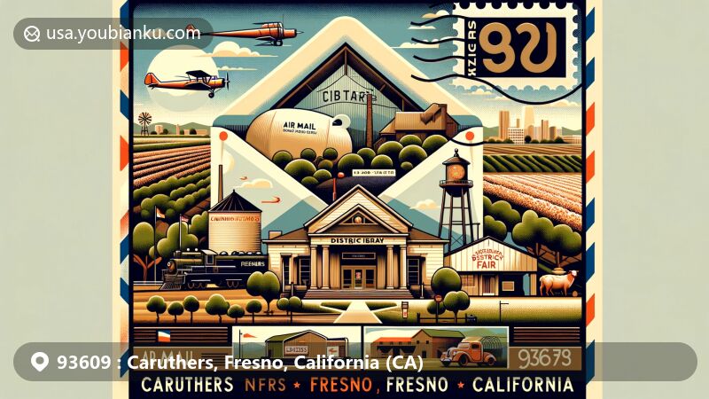 Modern illustration of Caruthers, Fresno, CA, showcasing air mail envelope with ZIP code 93609, featuring Caruthers Branch Library, agricultural symbols, and Caruthers District Fair.