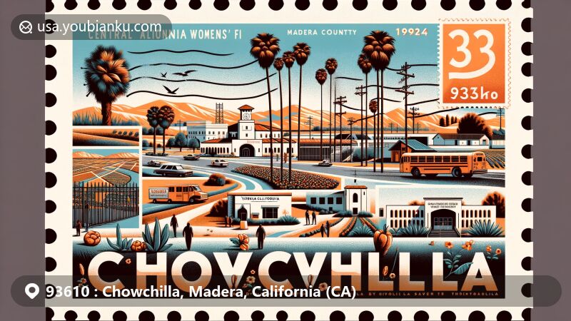 Modern illustration of Chowchilla, Madera County, California, in postcard style with ZIP code 93610, featuring landmarks like Central California Women's Facility and Valley State Prison, highlighting agricultural heritage and Chowchilla tribe.