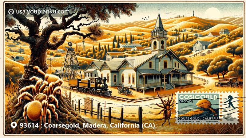 Modern illustration of Coarsegold, Madera, California, showcasing postal theme with ZIP code 93614, featuring historical museum, Mediterranean climate elements, and natural beauty of oak trees and golden hills.