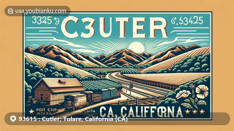 Modern illustration of Cutler, California, conveying ZIP code 93615, capturing rural charm near Sierra Nevada Mountain Foothills, reflecting railroad history and agriculture.