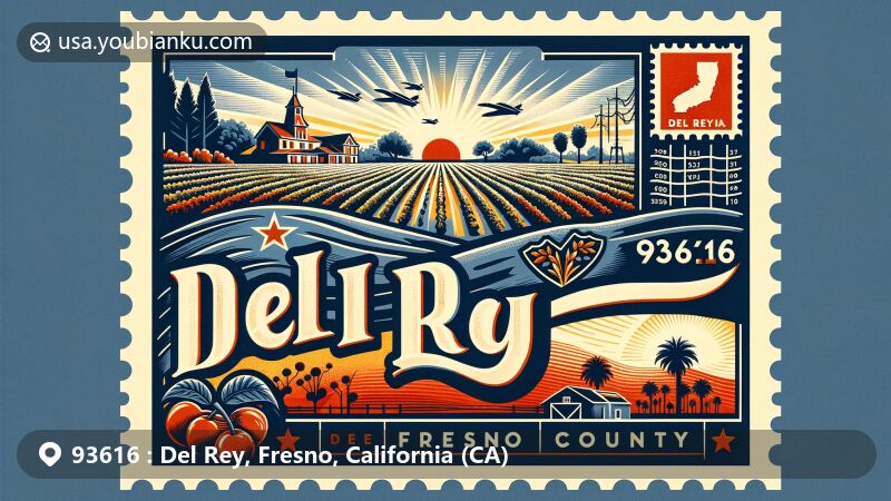 Modern illustration of Del Rey, California, showcasing the unique landscape and postal culture, integrating California state flag, Fresno County outline, and agricultural scenes such as fields, orchards, reflecting agricultural roots.