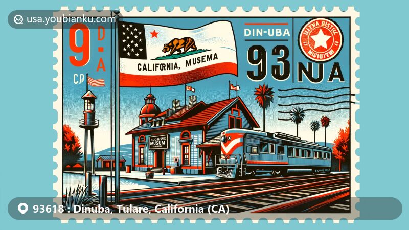 Modern postcard illustration of Dinuba, California, showcasing ZIP code 93618, featuring California state flag and Alta District Museum in a vibrant and eye-catching design.
