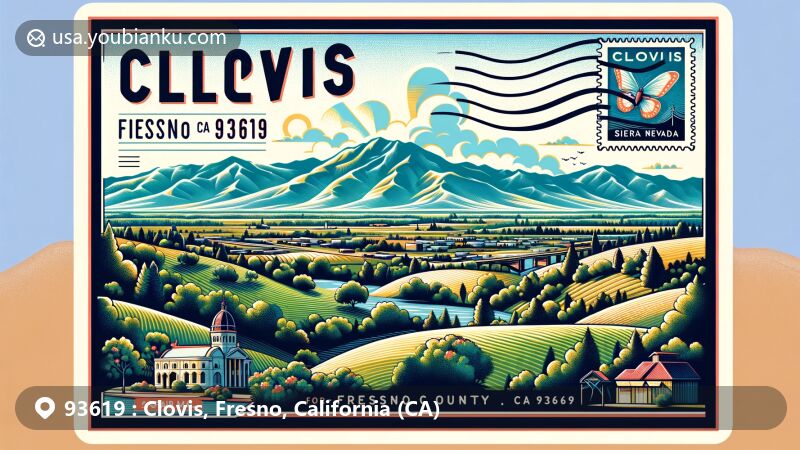 Creative postcard design for Clovis, Fresno County, California, ZIP code 93619, showcasing tranquil beauty with rolling hills, Sierra Nevada mountains, Barton Opera House, and Pasa Tiempo Park.