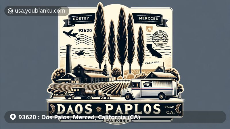 Modern illustration of Dos Palos, Merced County, California, showcasing postal theme with silhouette of poplar trees symbolizing city name, vintage postcard design, and ZIP code 93620.
