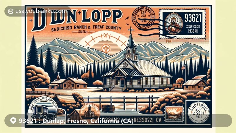 Modern illustration of Dunlap in Fresno County, California, showcasing Saint Nicholas Ranch and Retreat Center, Sequoia and Kings Canyon National Parks, with postal theme and ZIP Code 93621.