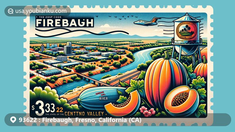 Modern illustration of Firebaugh, Fresno County, California, inspired by ZIP code 93622, capturing the vibrant postal card design featuring the San Joaquin River, California Central Valley water tank with Firebaugh's name, and Cantaloupe Round-Up Festival elements.
