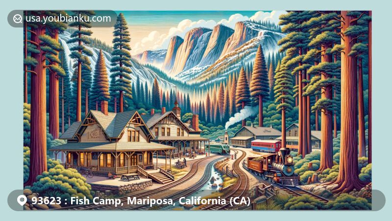 Modern illustration of Fish Camp, California, showcasing its role as a gateway to Yosemite National Park with ZIP code 93623. Includes elements like Mariposa Grove's giant sequoias, Yosemite Mountain Sugar Pine Railroad representing logging history, and Tenaya Lodge for modern hospitality, set against the backdrop of dense forests and Sierra Nevada mountains.