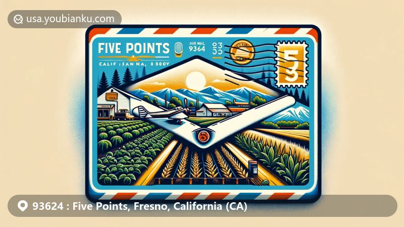 Modern illustration of Five Points, Fresno, California, showcasing postal theme with ZIP code 93624, featuring Sierra Nevada foothills, Tahoe National Forest, and agricultural elements.