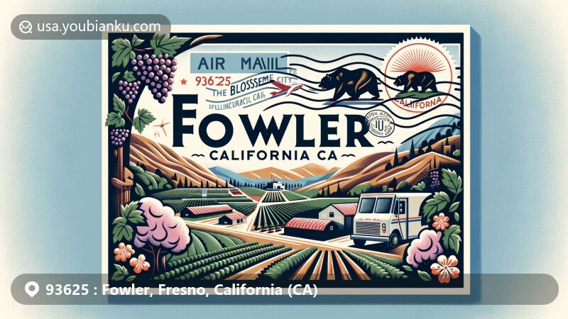 Modern illustration of Fowler, California, 93625, showcasing agricultural legacy and 'The Blossom Trail City' identity, featuring grape vineyards, farmlands, and blossoming trees representing vibrant farming culture.