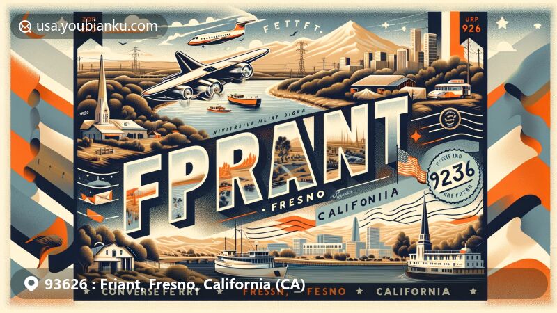 Modern illustration of Friant, Fresno, California, highlighting ZIP code 93626 and blending geographical and postal themes, showcasing diverse climate background with Fresno skyline, Sierra Nevada mountains, vintage airmail envelope, and California state flag.