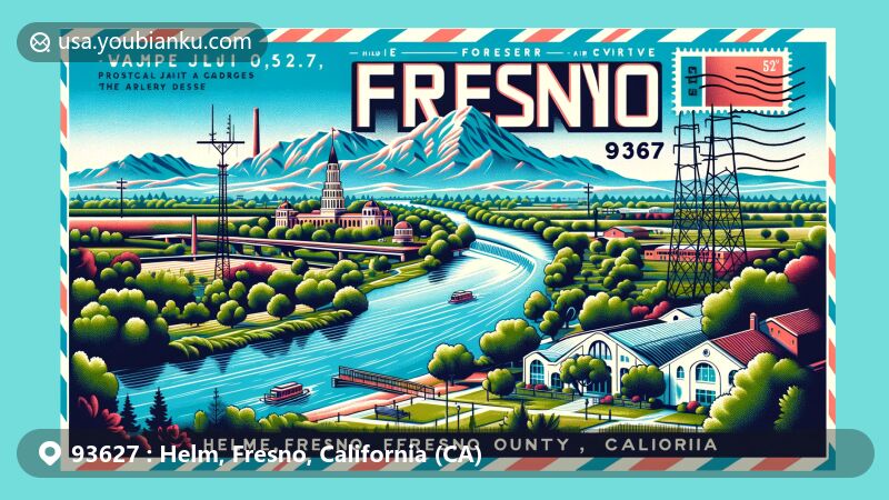 Modern illustration of Helm, Fresno County, California, featuring a creative postcard design with San Joaquin River, Forestiere Underground Gardens, Old Fresno Water Tower, and postal elements, including ZIP code 93627.
