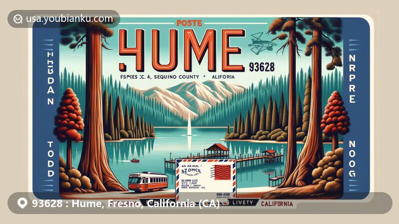 Modern illustration of Hume, Fresno County, California, featuring Hume Lake, giant sequoias, and Sequoia National Forest, with postal theme showcasing ZIP code 93628 and vintage postcard design.
