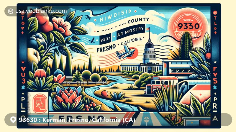 Modern illustration of Kerman, Fresno County, California, highlighting postal theme with ZIP code 93630, featuring M. Young Botanic Garden and Fresno surroundings.