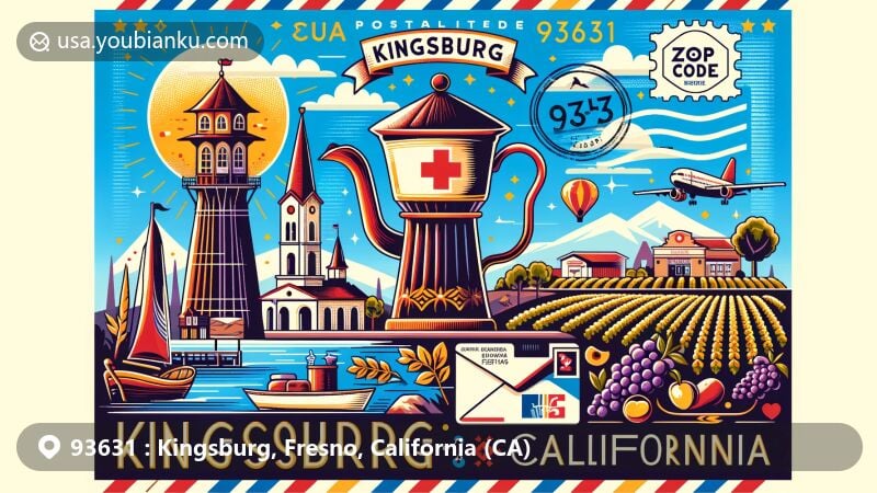 Modern illustration of Kingsburg, California, highlighting Swedish heritage, agricultural roots, and festive Swedish Festival, set in a postal-themed design with ZIP code 93631.