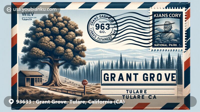现代插画，展示了加利福尼亚图拉雷县Grant Grove地区的航空信封，上有ZIP代码93633，邮票上有General Grant Tree图案，邮戳上写着Kings Canyon National Park，背景展示了红杉树和山脉。