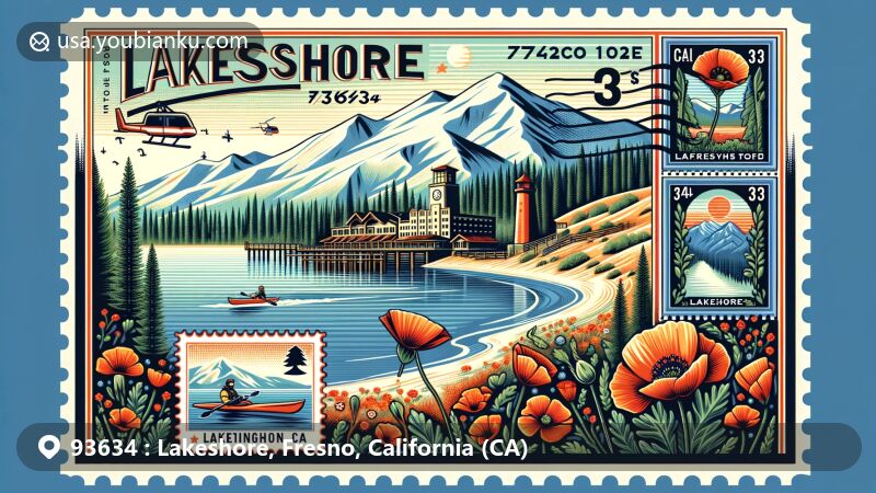 Modern illustration of Lakeshore area in Fresno County, California, highlighting China Peak Mountain Resort with ski slopes and California symbols, featuring oversized postcard design with Huntington Lake stamp and 93634 postmark.